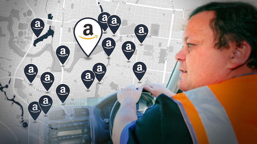 A designed image including a photo of a man driving a car and pins representing deliveries.