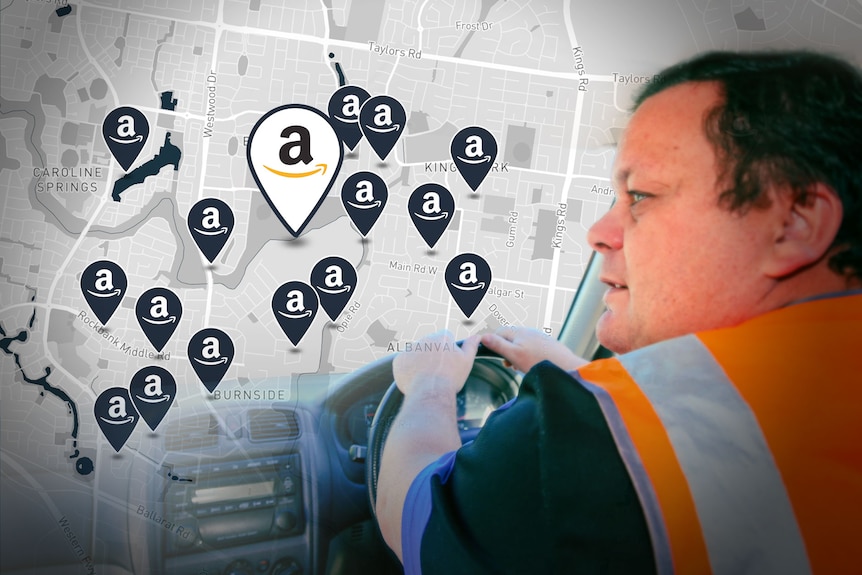 A designed image including a photo of a man driving a car and pins representing deliveries.