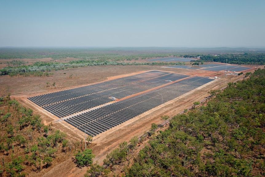 Aerial view of a large solar farm in the Northern Territory.