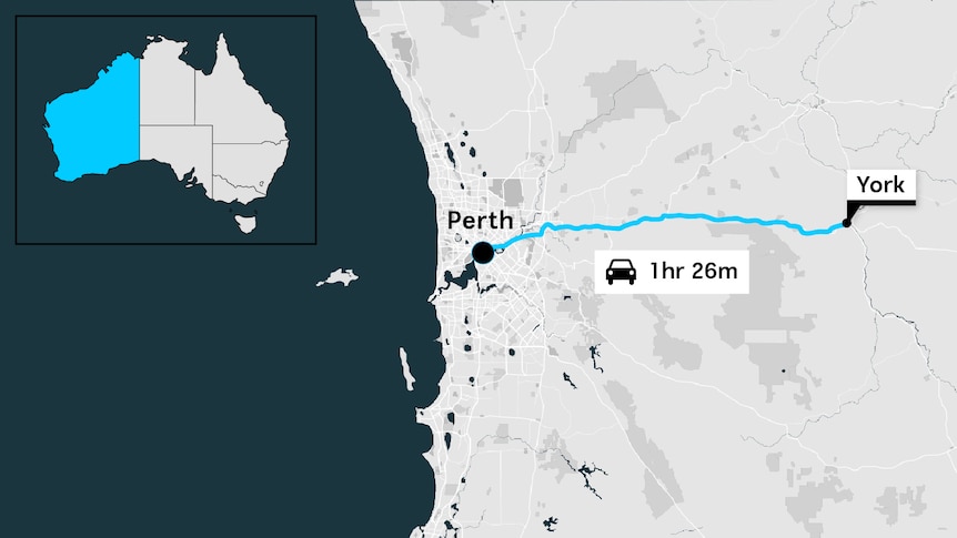 A map showing that it takes 1 hour and 26 minutes to drive from Perth to York.