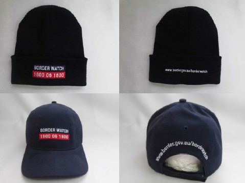 Border watch beanies (top left, right) and caps (bottom left, right) display Border Watch, the phone number and the website