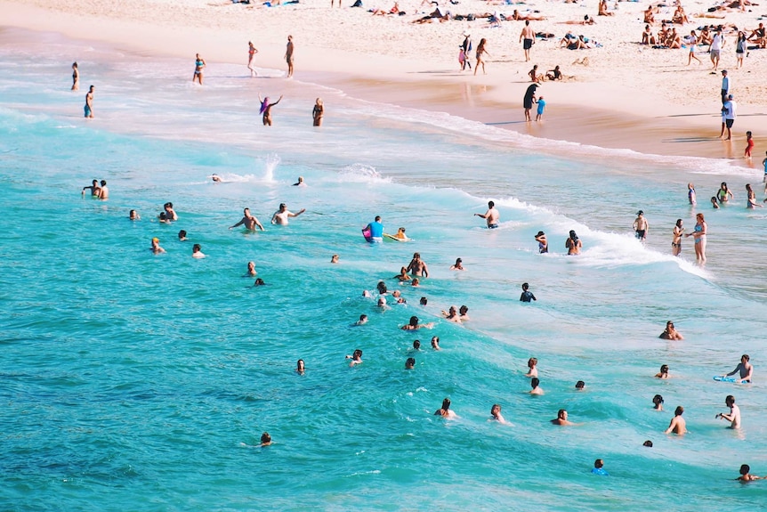 Busy Australian beach with people swimming and sunbaking showing some of the benefits of life in Australia.