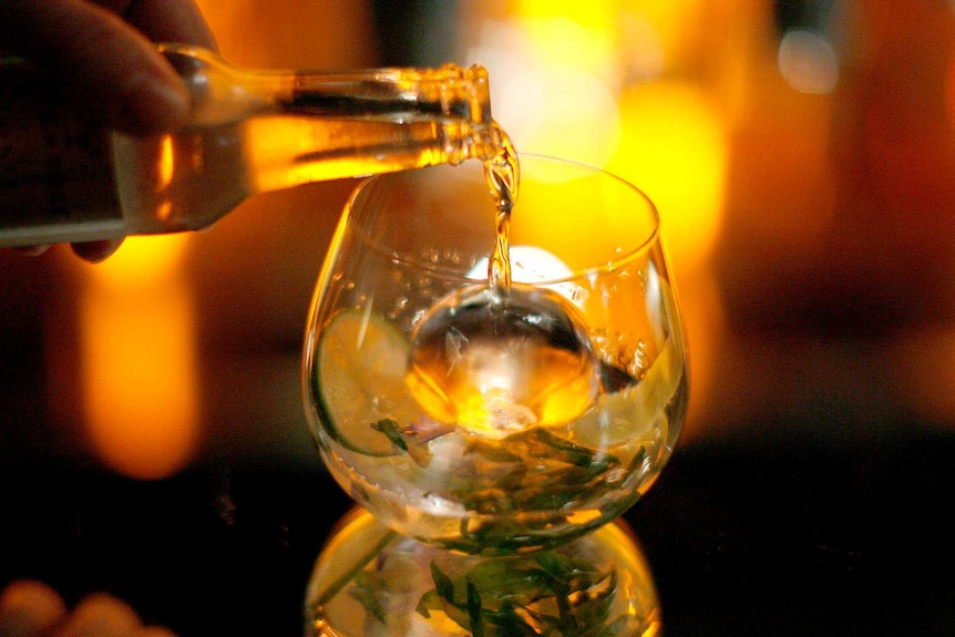 A hand mixes a gin and tonic at a bar
