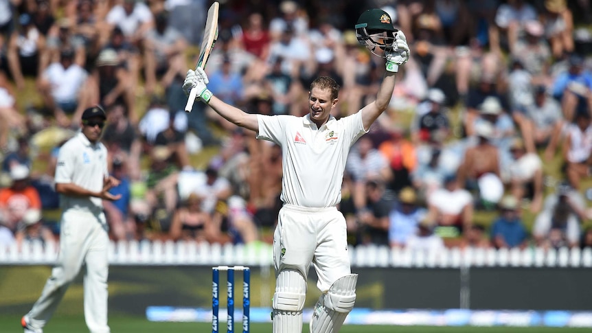 Australia's Adam Voges celebrates a century against New Zealand in the first Test in Wellington.