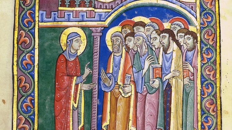 12th-century English illuminated manuscript depicting Mary speaking