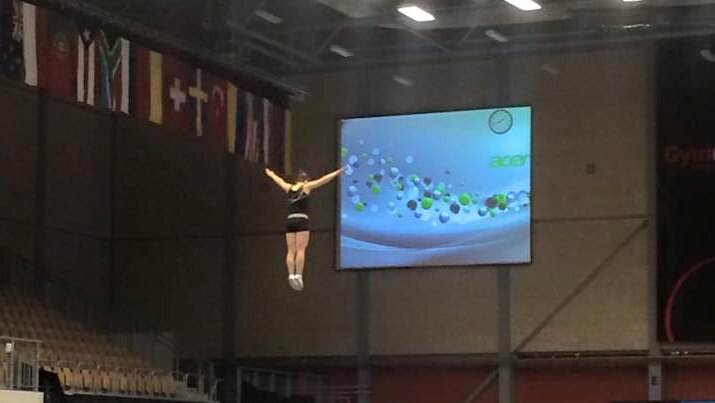 Trampoline athlete Claire Arthur competing at the 2013 world championships.