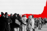 JobSeeker queue with red graph showing unemployment claims increase.