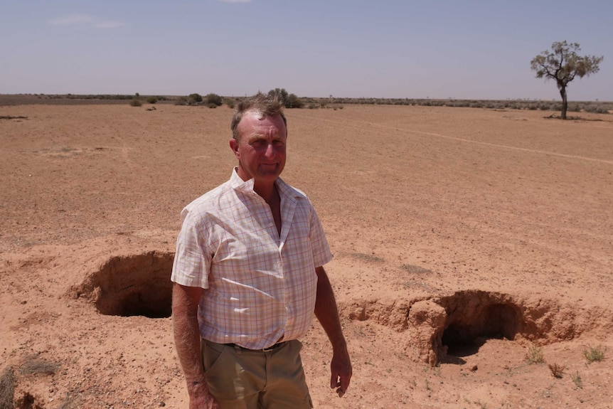 A man stands in front of two large holes in the ground on a barren-looking piece of land.