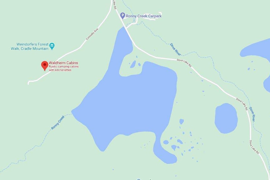 Map showing location of Waldheim Cabins in Cradle Mountain-Lake St Clair National Park