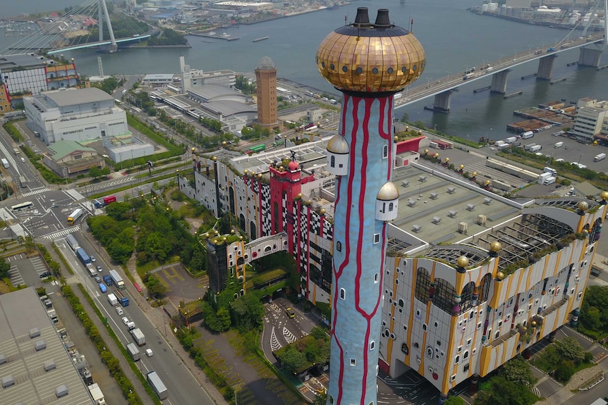 An aerial view of the Maishima Incineration Plant smoke stack