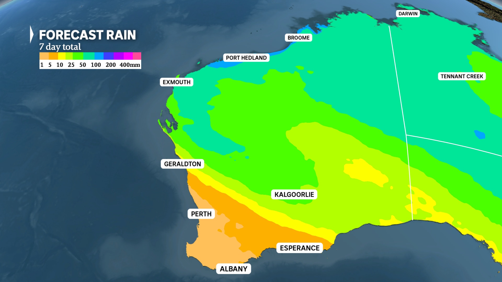 Un mapa meteorológico de Australia Occidental muestra cómo una depresión tropical o un ciclón propagará la lluvia hacia el sur a través de WA.