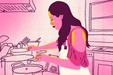 Illustration of woman cooking food in kitchen