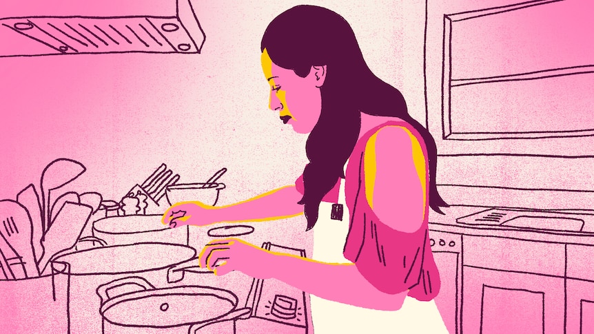 Illustration of woman cooking food in kitchen