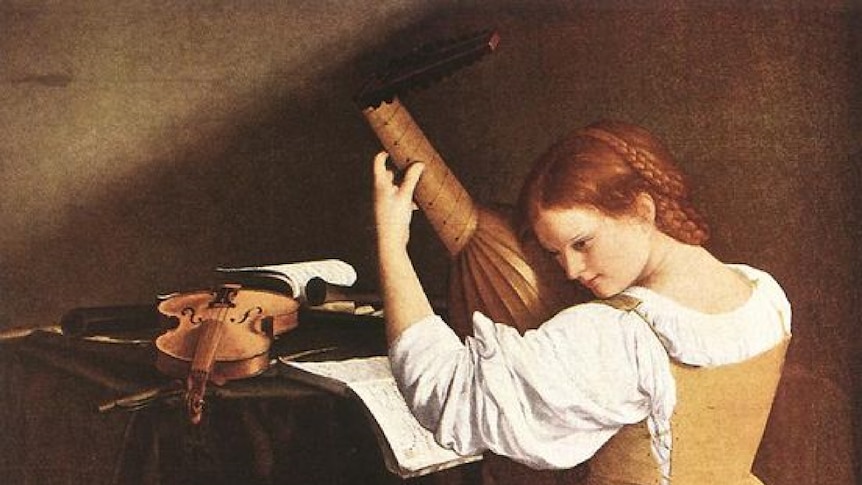 Italian composer Francesca Caccini seated and playing a lite with back turned.