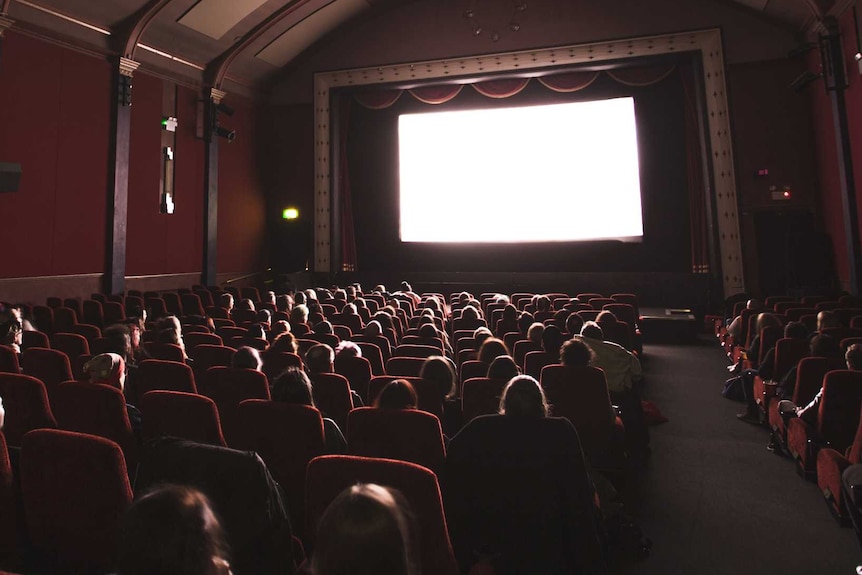 People seated in a cinema watch a big screen.