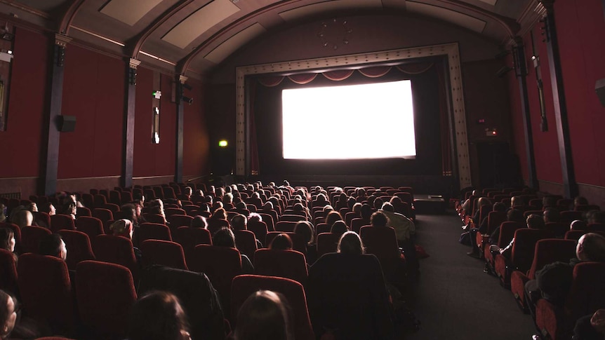 People seated in a cinema watch a big screen.