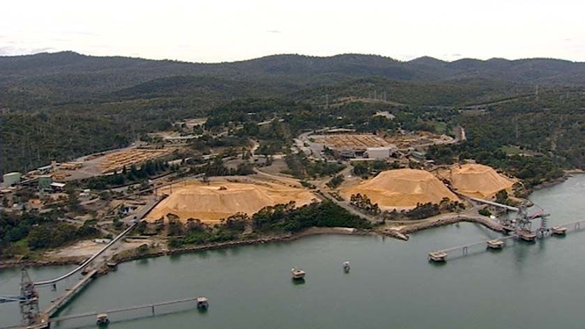 Aerial of Gunns woodchip mill and the site where the pulp mill will be built in Tasmania.