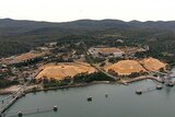 Aerial of Gunns woodchip mill and the site where the pulp mill will be built in Tasmania.