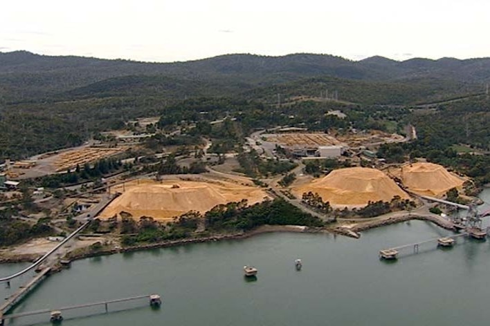 Gunns' Longreach woodchip mill is seen alongside the site for its proposed Tamar Valley pulp mill.