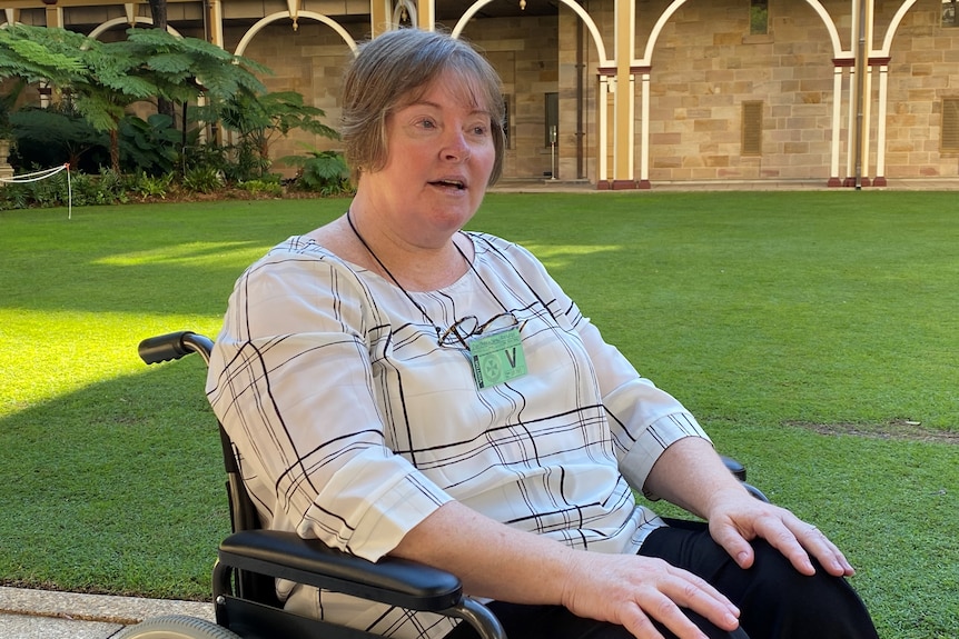 Patricia Clayton in her wheelchair on the parliamentary green.