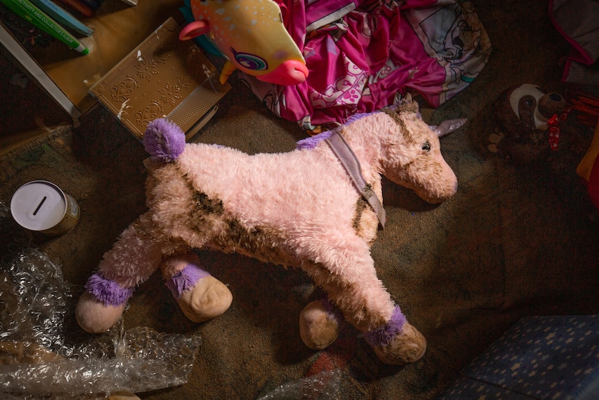 A fluffy, pink unicorn soaked in dirty flood water lies among ruined kids toys.