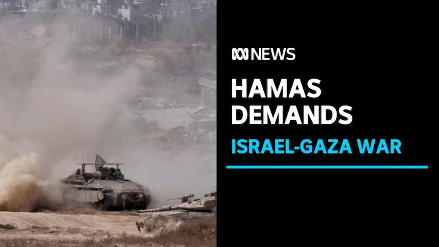 Hamas Demands, Israel-Gaza War: A tank kicks up dust in an arid environment.