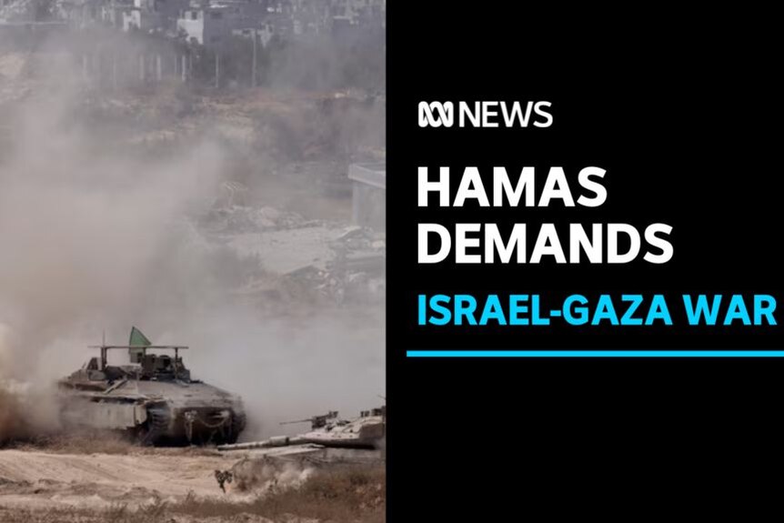 Hamas Demands, Israel-Gaza War: A tank kicks up dust in an arid environment.