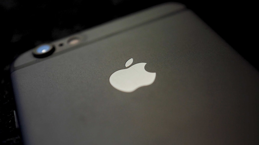 The back side of an iPhone 6 sits on a table in dark lighting.