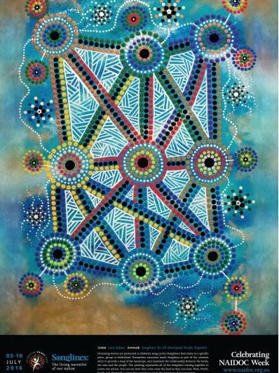 A multi-coloured artwork showing dots and lines featured on the 2016 NAIDOC week poster