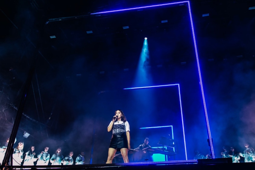 Natt Dunn and a choir performing 'Nowhere To Go' with Hayden James at the Amphitheatre at Splendour In The Grass, 19 July 2019