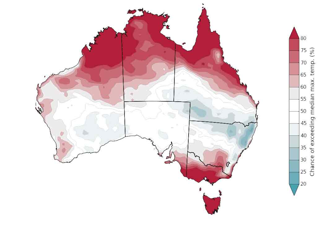 Kolo kodēta Austrālijas karte, kurā redzams, ka temperatūra ir virs vidējā līmeņa ziemeļos, rietumos un dienvidaustrumos
