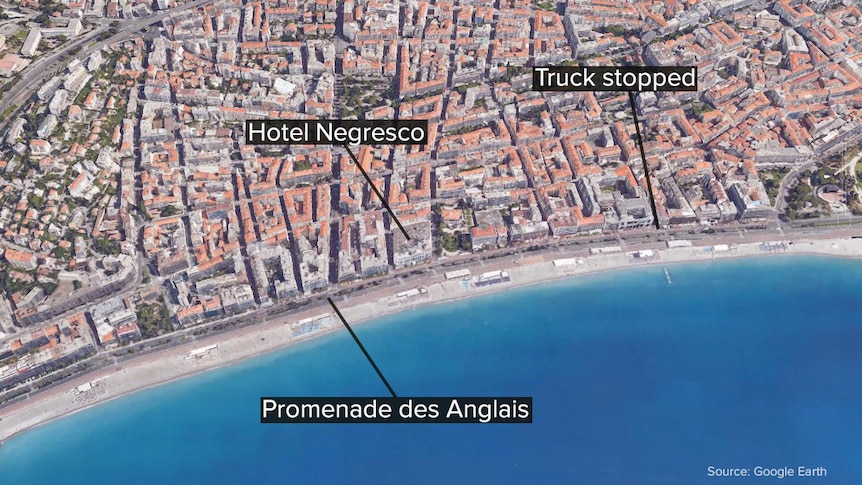 The map shows the famous Promenade des Anglais, as well as the site of where the truck was stopped by police.