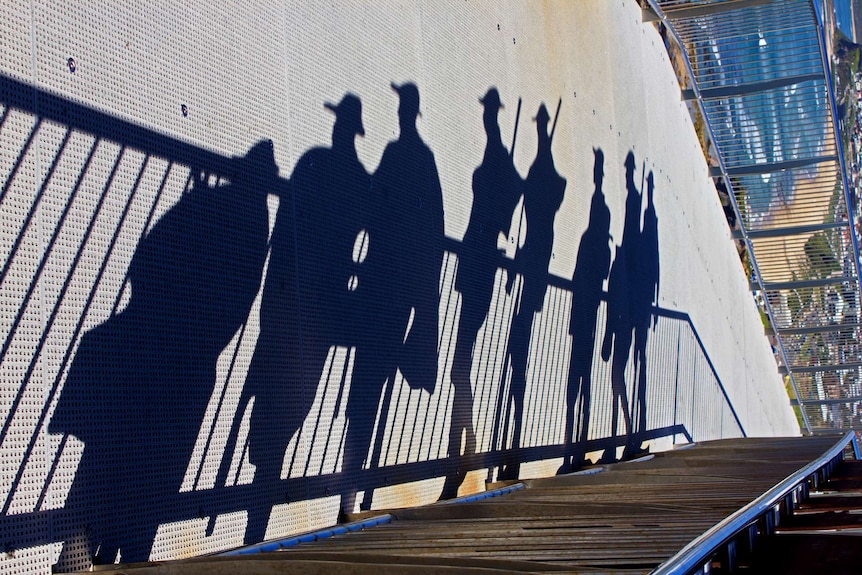 Shadows of soldiers against wall