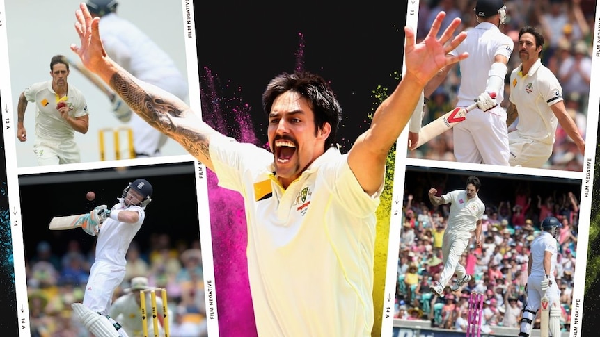 A collection of photos of Mitchell Johnson bowling during the Ashes.