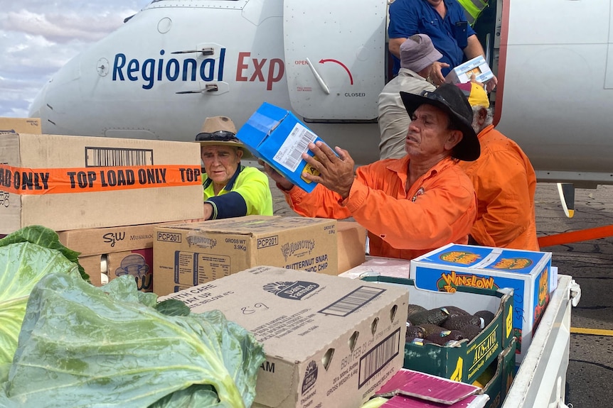 a chain of people pass fresh produce to each other from the back of a ute on to a domestic flight