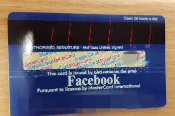 Back of a fake Facebook credit card being used to scam Australians