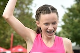 Talia Martin reacts after winning the women's Stawell Gift