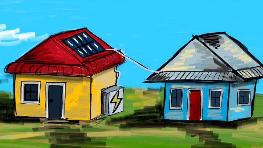 An illustration of two houses, one with solar panel and battery connected with a power line.