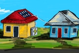 An illustration of two houses, one with solar panel and battery connected with a power line.
