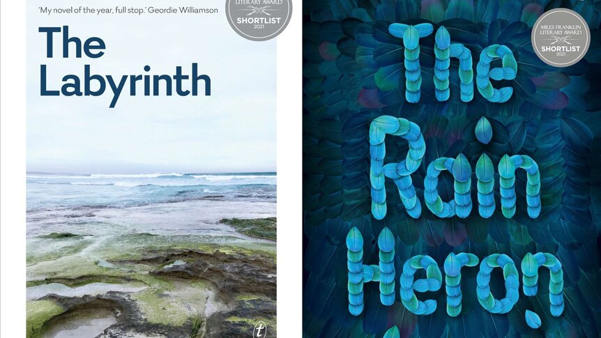 A white cover with an image of ocean rock pools & a blue cover with the title spelt out in feathers