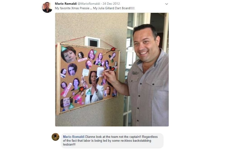 Twitter and Facebook posts by Mario Romaldi about former Labor prime minister Julia Gillard.