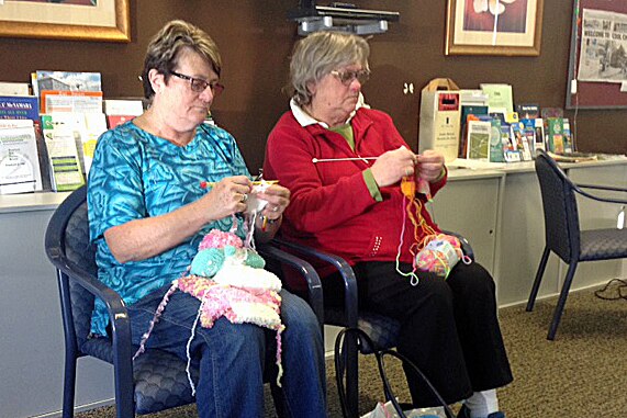 Volunteers hard at work knitting teddy bears.