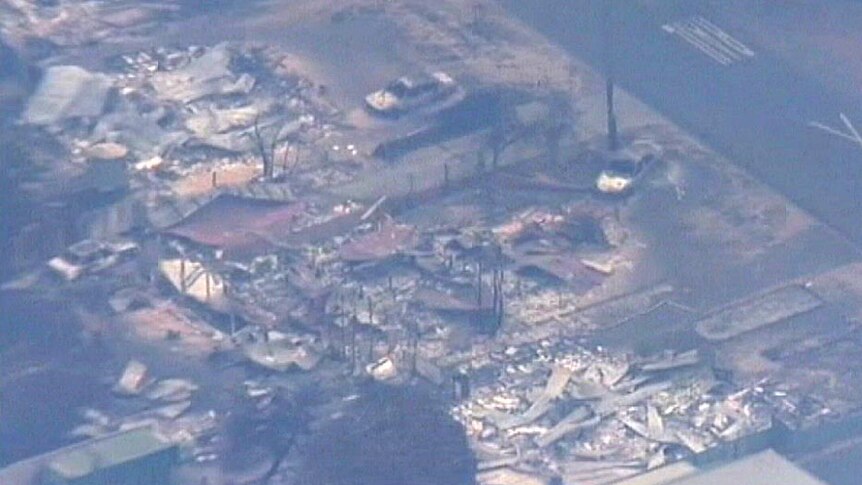 Aerial view of burnt out remains of the Western Australian town of Yarloop.