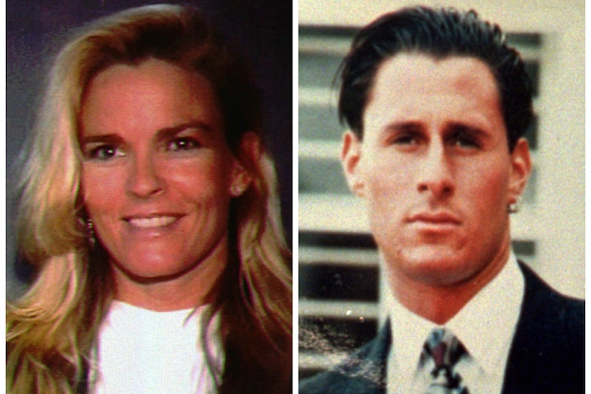 A composite image shows a headshot of Nicole Brown on the left and Ron Goldman on the right