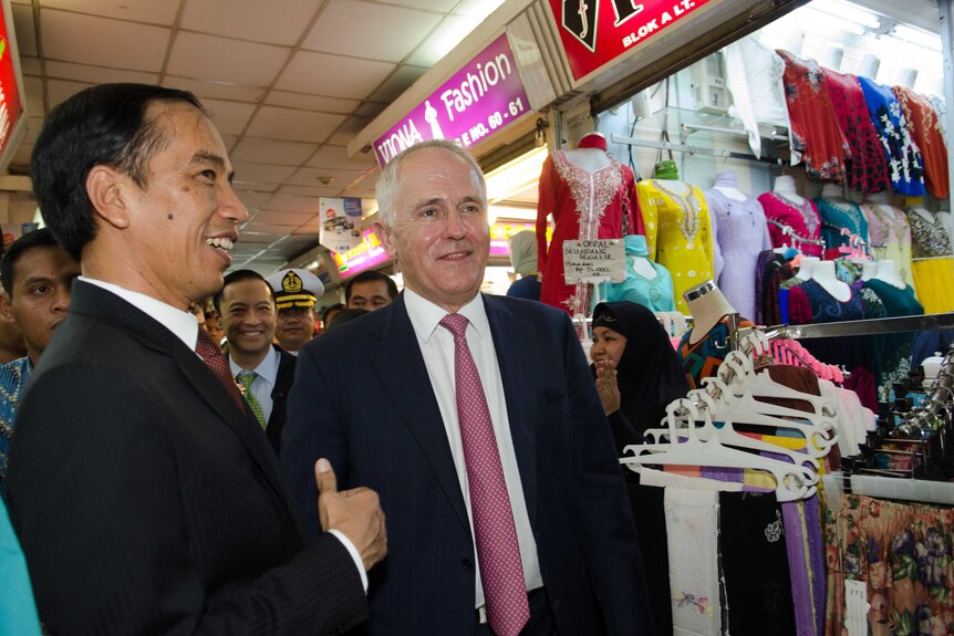 Malcolm Turnbull and President of Indonesia Joko Widodo make a visit to Tanah Abang market in Jakarta.