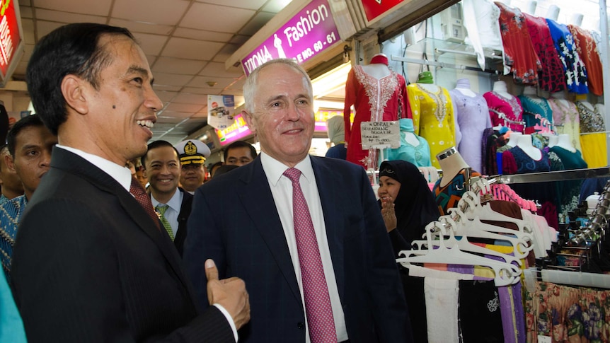 Malcolm Turnbull and President of Indonesia Joko Widodo make a visit to Tanah Abang market in Jakarta.