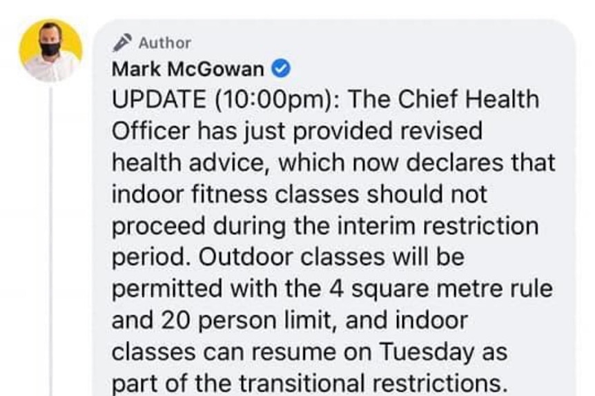A screenshot of a Facebook post about fitness classes under COVID restrictions.