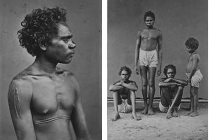 Two black and white photographs of Aboriginal men and one child.