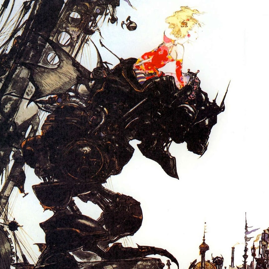 A blonde woman in red, sitting astride a beast, looking over a fantasy city in the distance