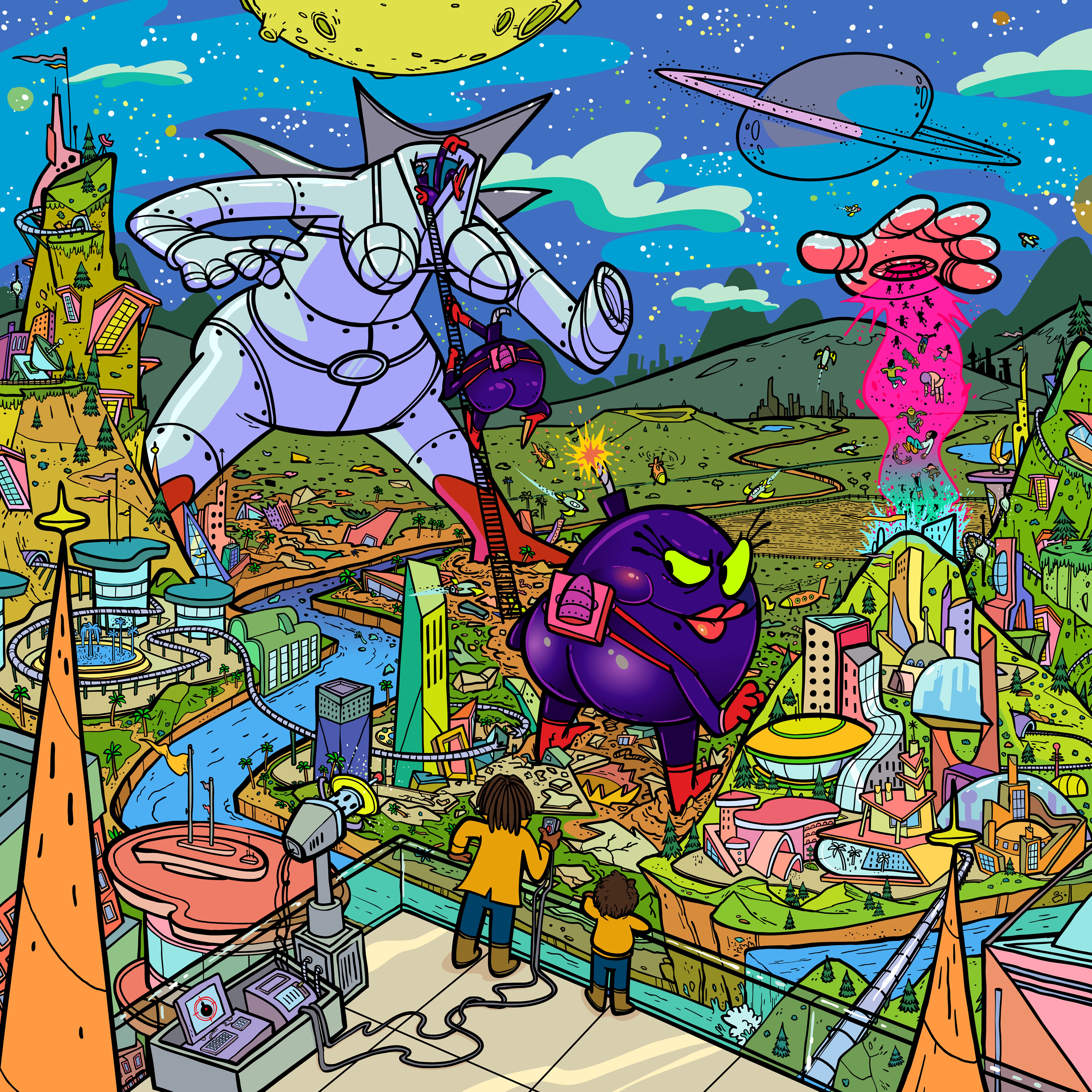 Ilustraciones de dibujos animados de un "Gran botín bomba kaiju" Destruye un paisaje futurista con la ayuda de un traje de robot gigante